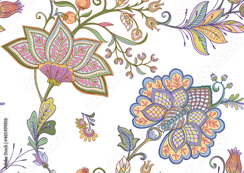 Seamless pattern with stylized ornamental flowers in retro, vintage style. Jacobin embroidery. Colored vector illustration isolated on white background.