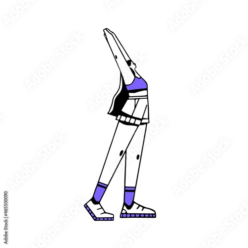 Woman stretching her body and arms in morning. Female standing and exercising, doing warmup. Person profile at daily physical workout. Colored flat vector illustration isolated on white background