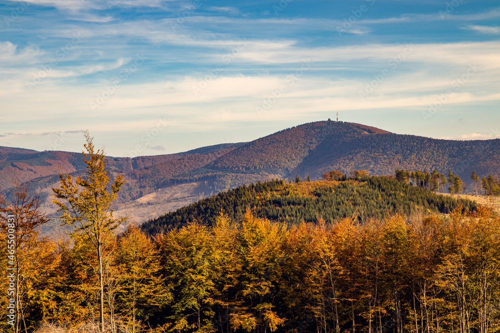 Panoramic view from Velky Javornik (Beskydy mountains, Czech Republic), Radhost mountain in the background (radio transmitter on the top).