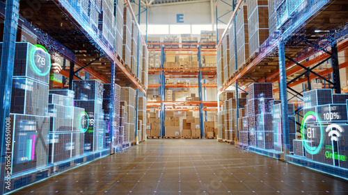 Futuristic Technology Retail Warehouse: Digitalization and Visualization of Industry 4.0 Process that Analyzes Goods, Cardboard Boxes, Products Delivery Infographics in Logistics, Distribution Center photo
