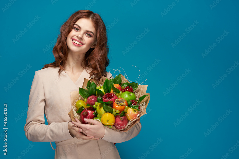 beautiful woman posing fresh fruits bouquet emotions isolated background beautiful woman posing fresh fruits bouquet emotions isolated background