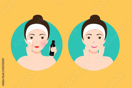 illustration Woman Use a cotton pad to wash off the makeup on face.
