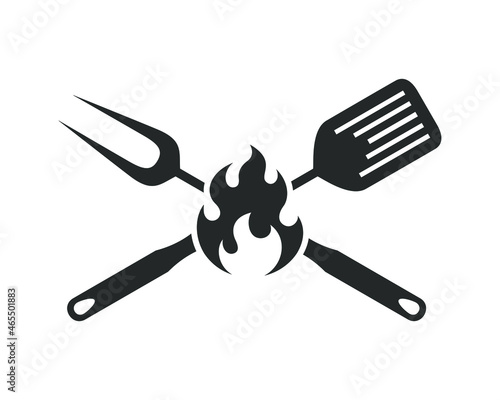 Barbecue emblem graphic design template. Crossed barbecue tools and flame sign isolated on white background. Vector illustration