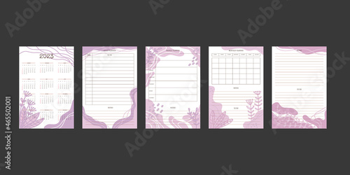 2023 calendar and daily weekly monthly planner collection with trendy hand drawn organic shapes and floral botanical elements in pastel neutral palette