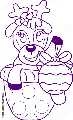 Deer sits into mittens and hold Christmas Tree Decoration. Flat Vector Illustration. Reindeer and gloves