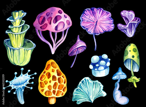 Set of fantastic cosmic mushrooms and stas on black background, watercolor hand draw illustration photo