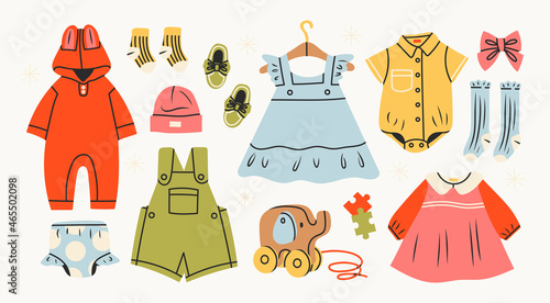 Various isolated clothing for kids and infants. Romper, pajamas, dress, hat, socks, body suit. Top view of baby clothes and accessories. Comfortable, cozy baby fashion concept. Hand drawn Vector set