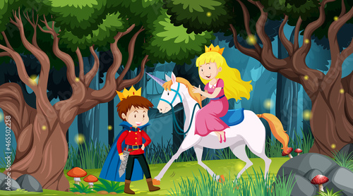 Fototapeta Naklejka Na Ścianę i Meble -  Fantasy forest scene with prince and princess