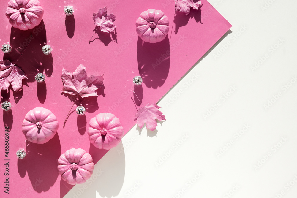 Pink fuchsia paper background with Autumn decor. Monochromatic look ...