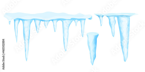 Set Icicles with snow winter decoration, frozen water in cartoon stile isolated on white background. Collection Ice crystals, hanging element. Textured, shiny.