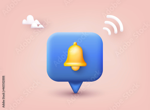 Notification bell icon. 3d render yellow ringing bell with new notification for social media reminder. 3D Web Vector Illustrations.