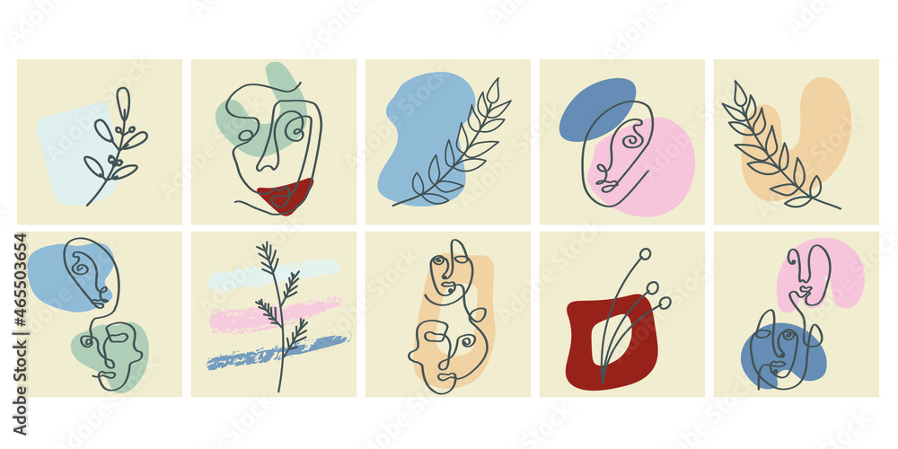 Faces, leave and abstract shapes. Contemporary vector illustrations on color backgrouds. Line, minimalistic elegant concept. Perfect for social media, cards, postcards. Faces, leave and abstract shapes. Contemporary vector illustrations on color backgrouds. Line, minimalistic elegant concept. Perfect for social media, cards, postcards.