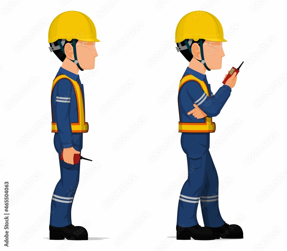 Set of worker is holding a walkie-talkie Set of worker is holding a walkie-talkie