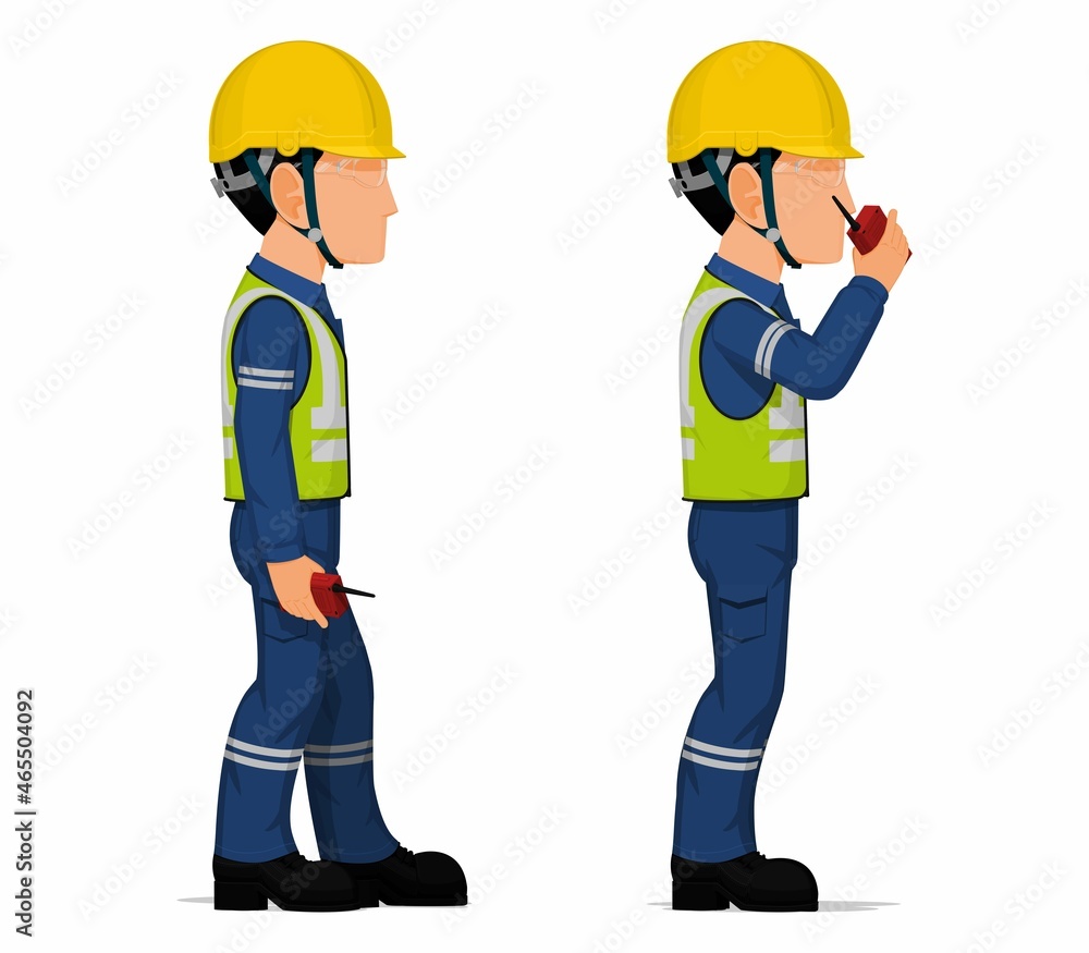 Set of worker is holding a walkie-talkie