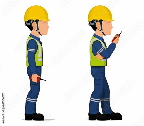 Set of worker is holding a walkie-talkie