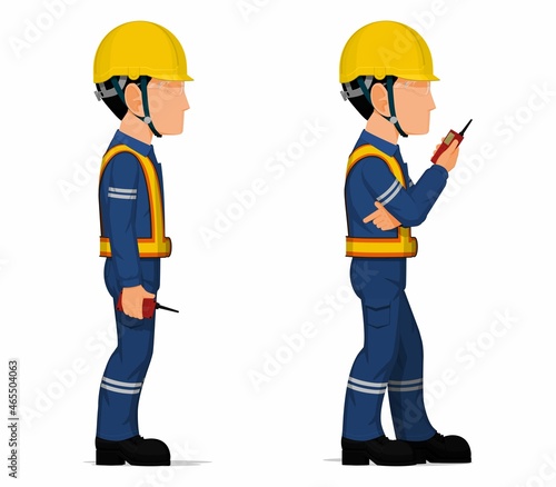 Set of worker is holding a walkie-talkie