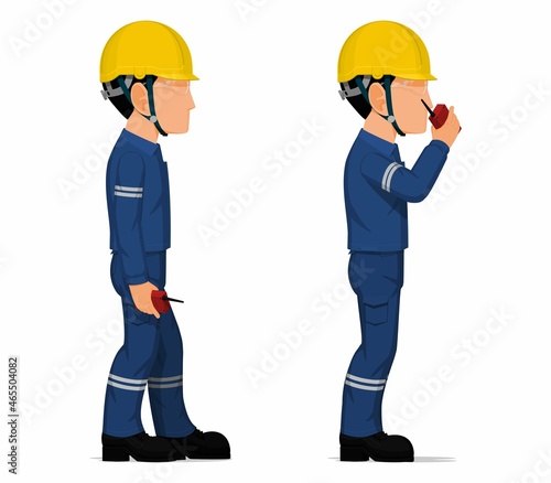 Set of worker is holding a walkie-talkie