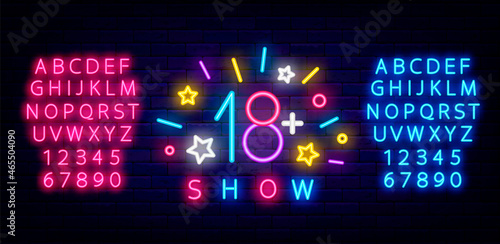 Over 18 years old show neon emblem on brick wall. Night bright logo with alphabet. Isolated vector illustration