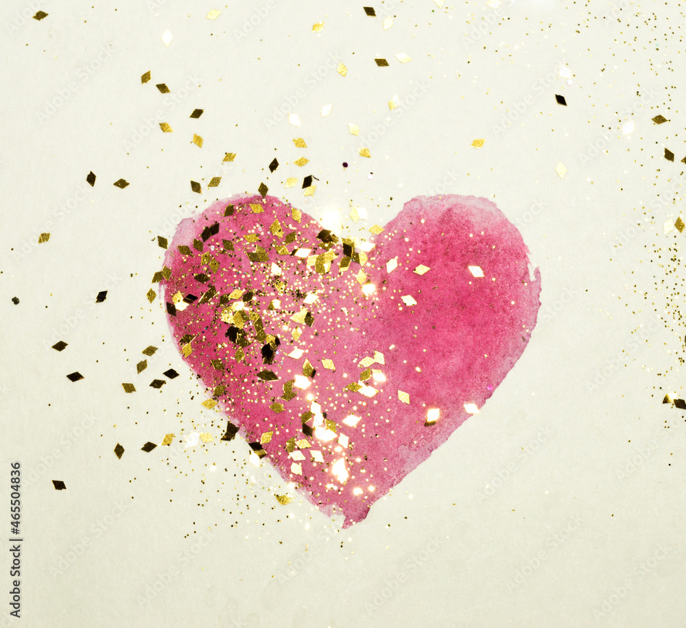 Abstract pink watercolor heart and golden glitter in vintage nostalgic colors on white background