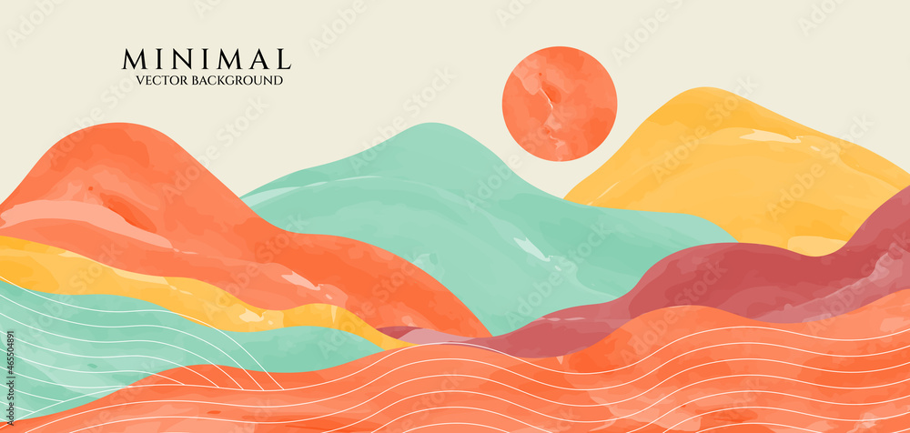 Mountain and white line arts background vector. Watercolor background vector. Mountain landscape wallpaper design for cover, invitation background, packaging design, fabric, and print.