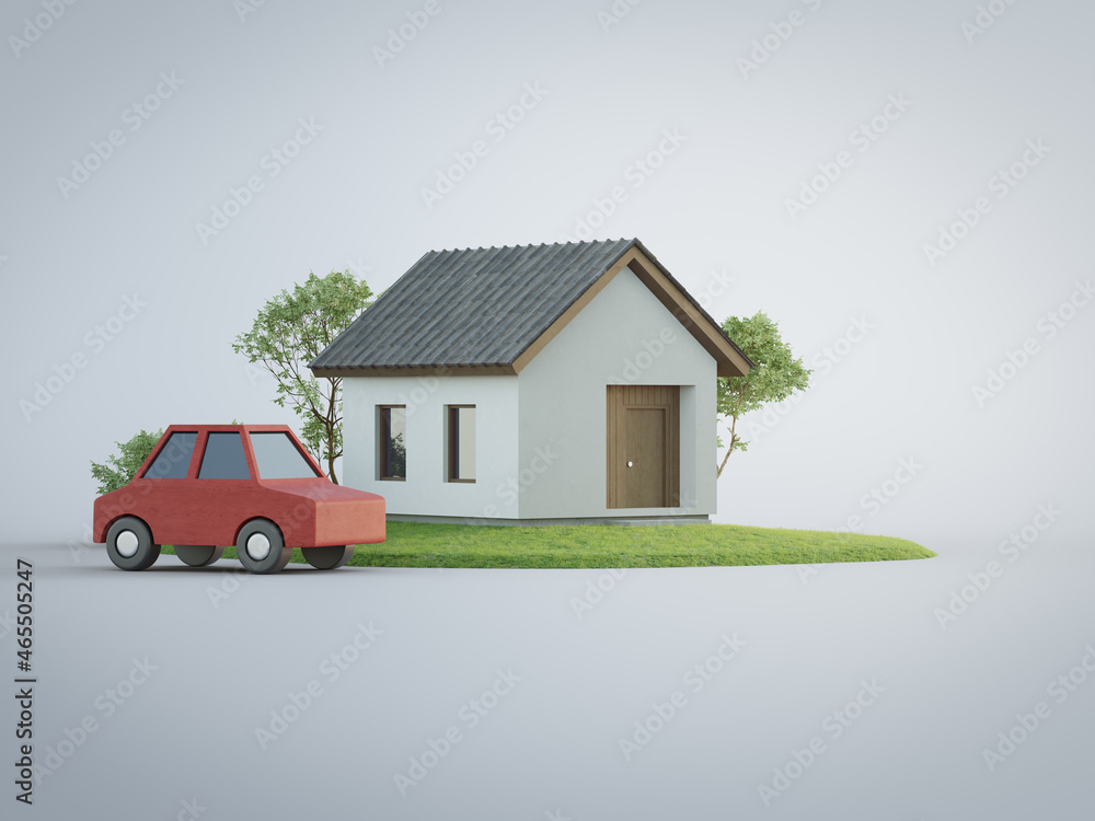 Simple house near red toy car on white floor with empty wall background in real estate sale or property investment concept. Buying land for new home. 3d illustration of residential building exterior. Simple house near red toy car on white floor with empty wall background in real estate sale or property investment concept. Buying land for new home. 3d illustration of residential building exterior.