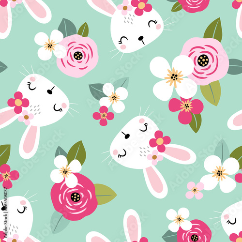 Photographie Seamless vector pattern with cute white rabbits on floral background