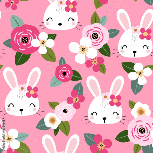 Seamless vector pattern with cute white rabbits on floral background. Perfect for textile, wallpaper or print design. 