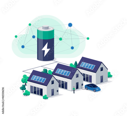 Home virtual power plant battery energy storage with house photovoltaic solar panels on roof and rechargeable li-ion electricity backup. Electric car charging on renewable smart island off-grid system