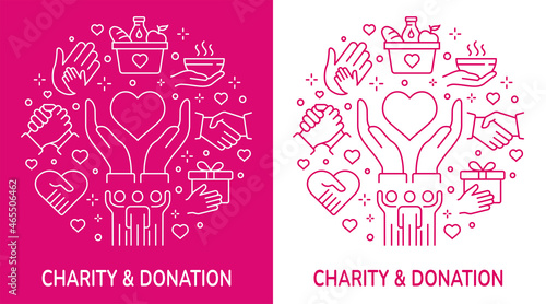 Vector banner templates with charity icons. Set of donate, volunteer, care and more. photo