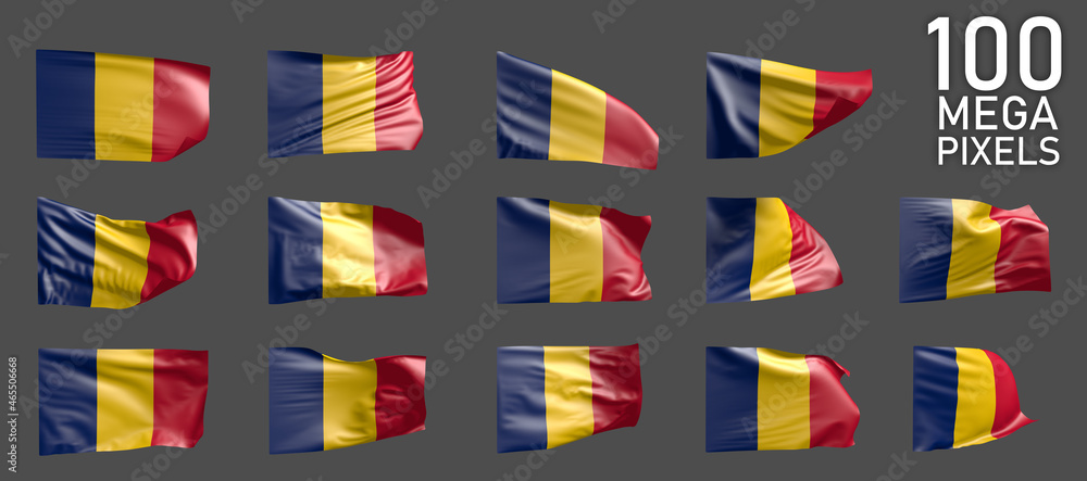 14 different pictures of Chad flag isolated on grey background - 3D illustration of object