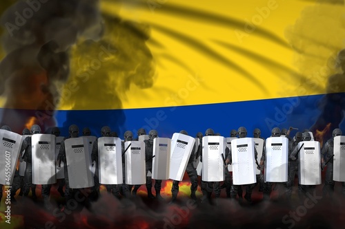 Colombia protest stopping concept, police officers in heavy smoke and fire protecting government against mutiny - military 3D Illustration on flag background