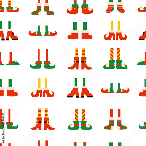 Shoes and boots for elves feet. Santa Claus helpers. Seamless pattern, endless texture, decorative Christmas holiday wallpaper with feet and legs. Elf gnome dwarf. Transparent background