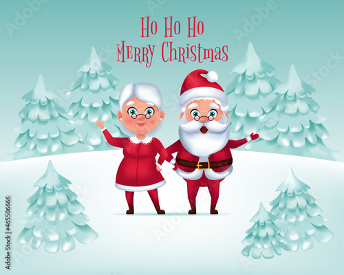 Ho Ho Ho, Merry Christmas! Santa Claus, Mrs Claus, on winter snow background. Cartoon vector illustration