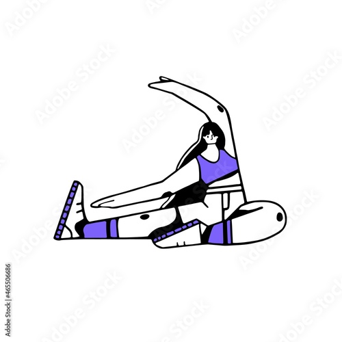 Woman stretching her arms to legs. Female doing physical exercise. Persons body workout. Aerobics and fitness training. Colored flat vector illustration isolated on white background