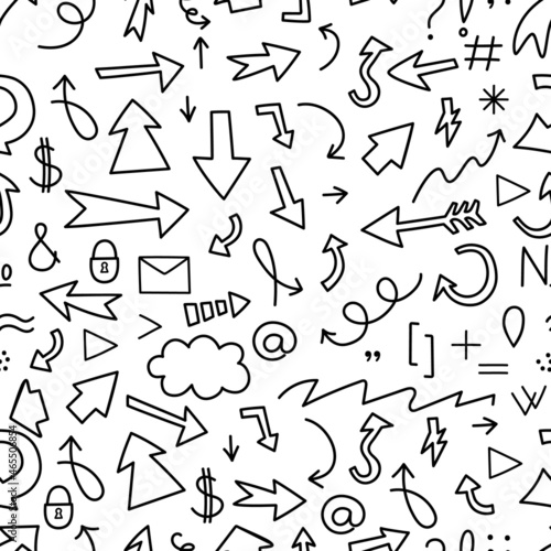 Seamless pattern with black and white linear arrows and doodle-style symbols. Vector illustration for printing on paper, fabric, packaging on a white background