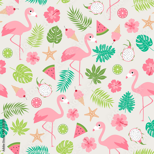 Cute flamingo, hibiscus, fruits, ice cream and tropical leaf seamless pattern background.