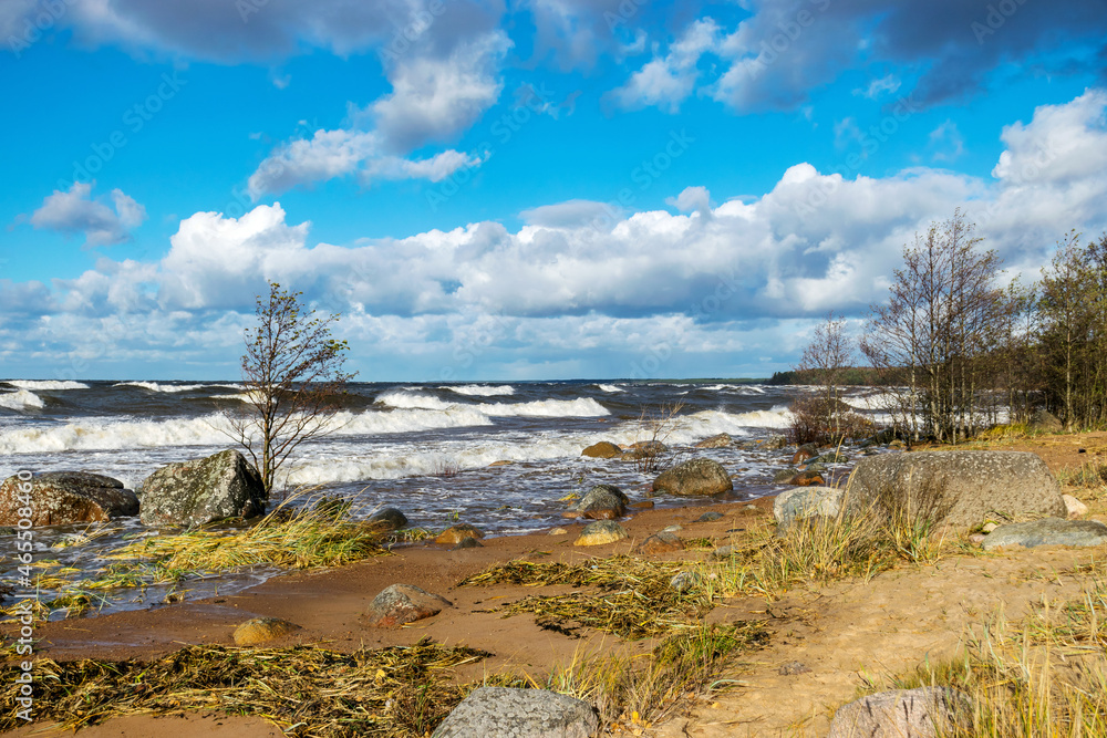 seascape with sea waves crashing on the shore and exploding, beautiful blue skies and white clouds over the sea, Vidzeme rocky seashore, Salacgriva rural area, Latvia