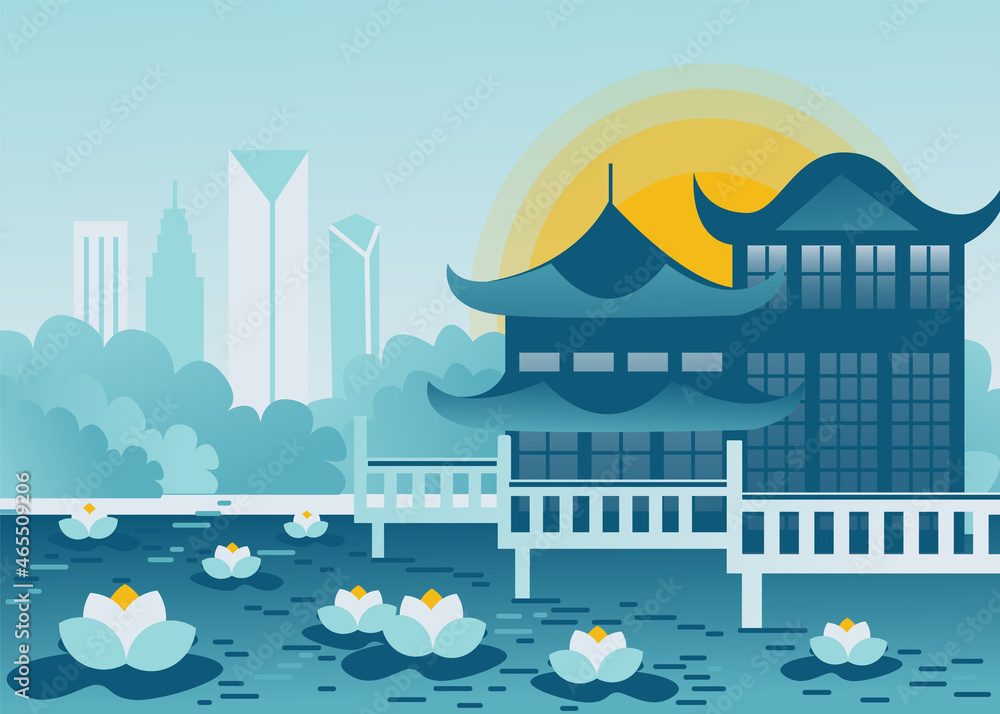 Fototapeta premium Modern style Shanghai city illustration. China holiday travel flat drawing. Shanghai flat illustration. Hand sketched poster, banner, postcard, card template for travel company, T-shirt, shirt. Vector