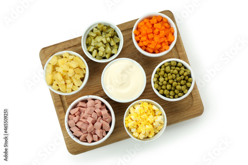 Olivier salad ingredients isolated on white background