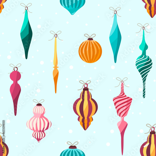 Retro vintage art beautiful artistic Scandinavian graphic. Lovely winter holiday new year collage pattern. Christmas tree toys vector hand illustration. For cards, textile, wallpaper, background
