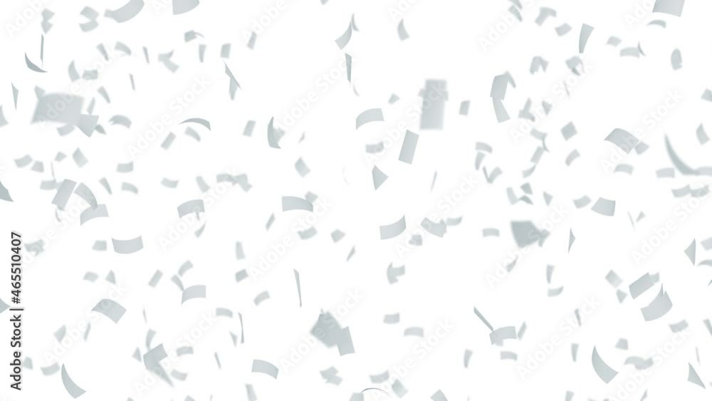 Many papers floating in air on white background. Business and education concept.  White confetti. 3D loop animation.
