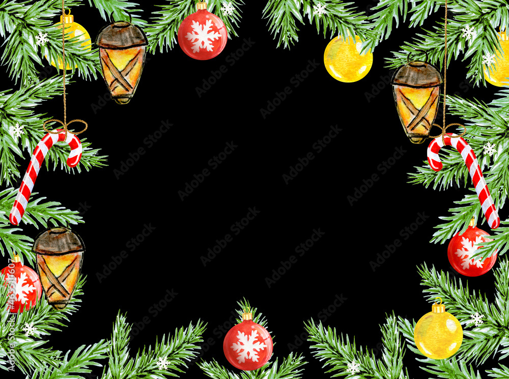 Fototapeta premium Christmas frame with spruce branch, balls, flashlight and candy cane isolated on black background for greeting card or invitation