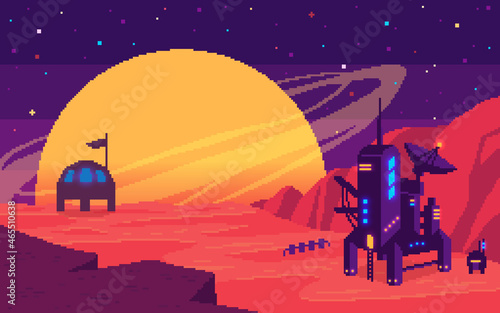 Cosmic landscape of planets. Pixel art background.