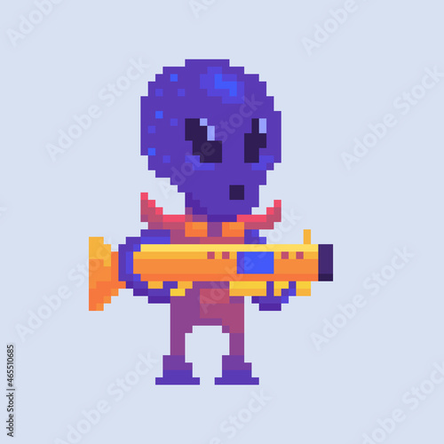Pixel art character. A hostile alien with a weapon.