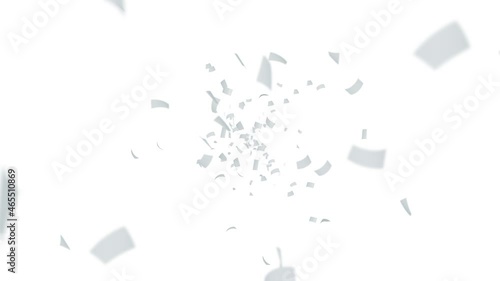 Many papers floating in air on white background. Business and education concept.  White confetti. 3D loop animation.