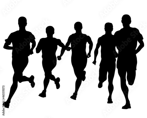 Young athletes run a marathon. Isolated silhouettes on white background