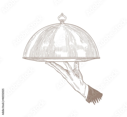 Waiter's hand holding tray for serving food and restaurant meals or platter with closed lid hand drawn on white background. Elegant monochrome vector illustration in vintage engraving style.