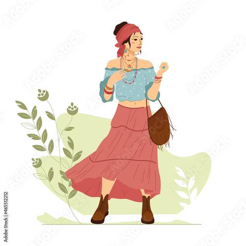 Girl in Boho Outfit. Boho chic, ethnic style, fashion trend. Modern illustration for fashion, beauty design and concept. Vector illustration in flat style