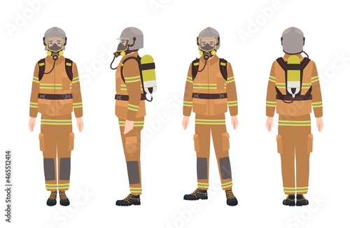 Firefighter or fireman wearing protective gear or uniform, helmet, breathing apparatus and air cylinder. Male cartoon character isolated on white background. Colorful flat vector illustration