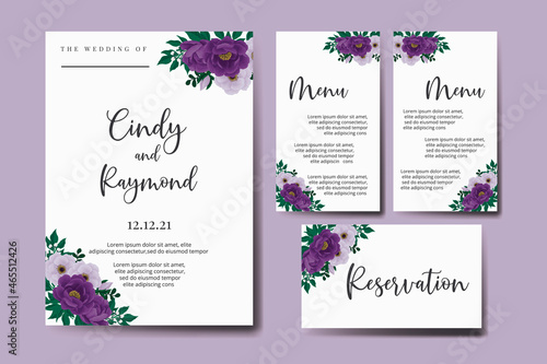 Modern Wedding invitation frame set, floral watercolor Digital hand drawn Purple Peony Flower design Invitation Card Template